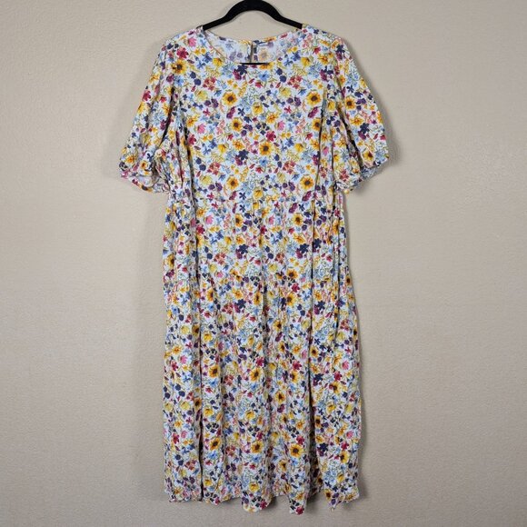 Old Navy Tiered Midi Dress Multicolor Floral Womens 3XL Puff Sleeve Colorful - Picture 1 of 9